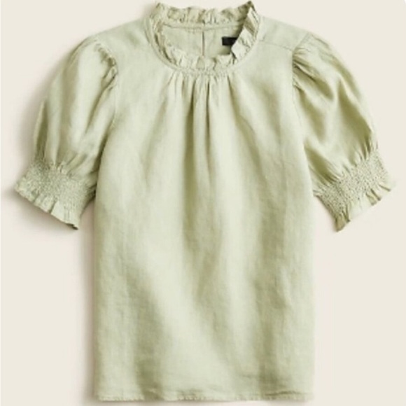 J. Crew Smocked Linen Puff-sleeve Top - Picture 1 of 7